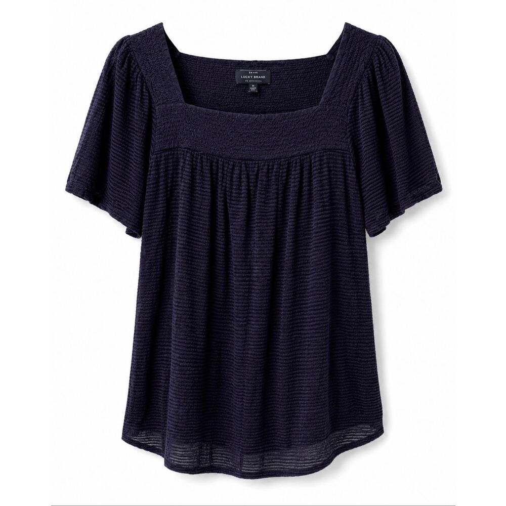Lucky Brand Size: Small Square Neck Navy Blue Stripe Top, Semi-Sheer Blouse